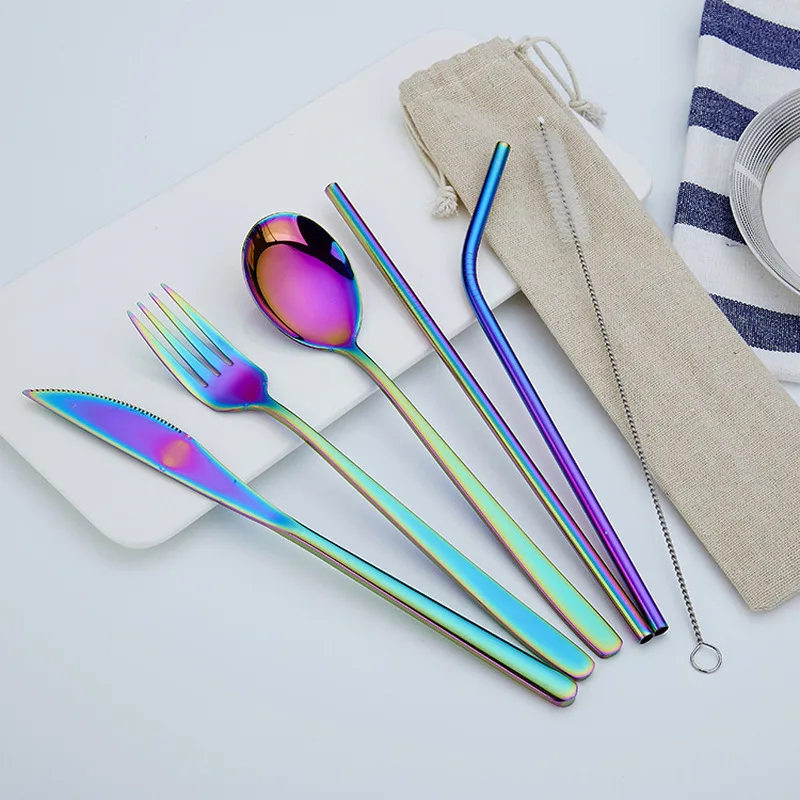 

304 Stainless Steel 7Pcs/Set Dinnerware Sets Portable Outdoor Colorful Healthy Straw Forks Spoon Suit Exquisite Chopsticks Gifts