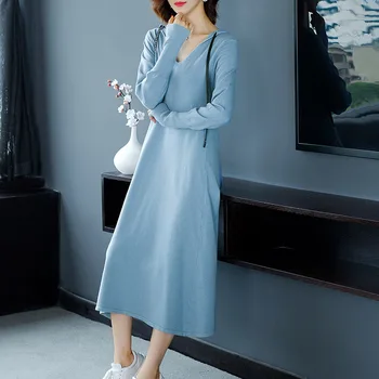 

Solid Woman Winter Loose Hoody Knit Dress Full Sleeve Female Casual Mid Dresses Warm Woman Knitted Pull Dresses Autumn 0925-110