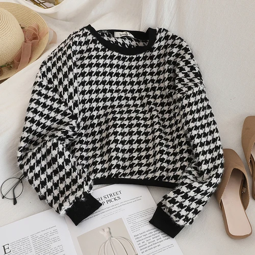 black pullover Woherb клетчатая толстовка с круглым вырезом и длинным рукавом, толстовки, пуловеры контрастных цветов, винтажные Модные свободные топы для женщин, корейский стиль, новинка 91222 - Цвет: black pullover