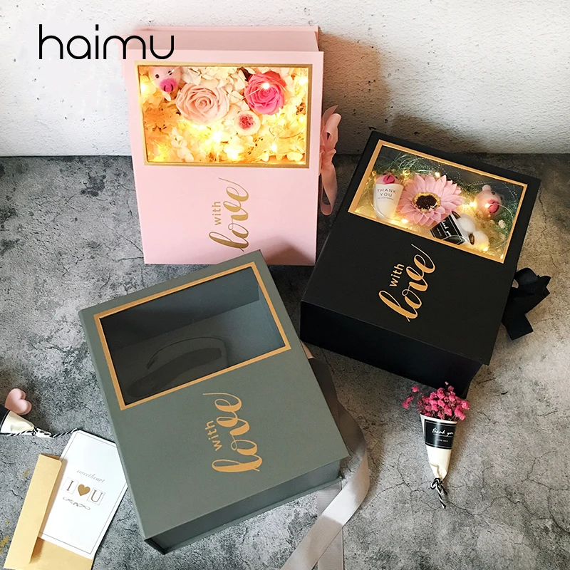 

Packaging Box Transparent Open Window Clamshell Flower Gift Wedding Favor Valentine's Day Square Boxes with Gold Foil