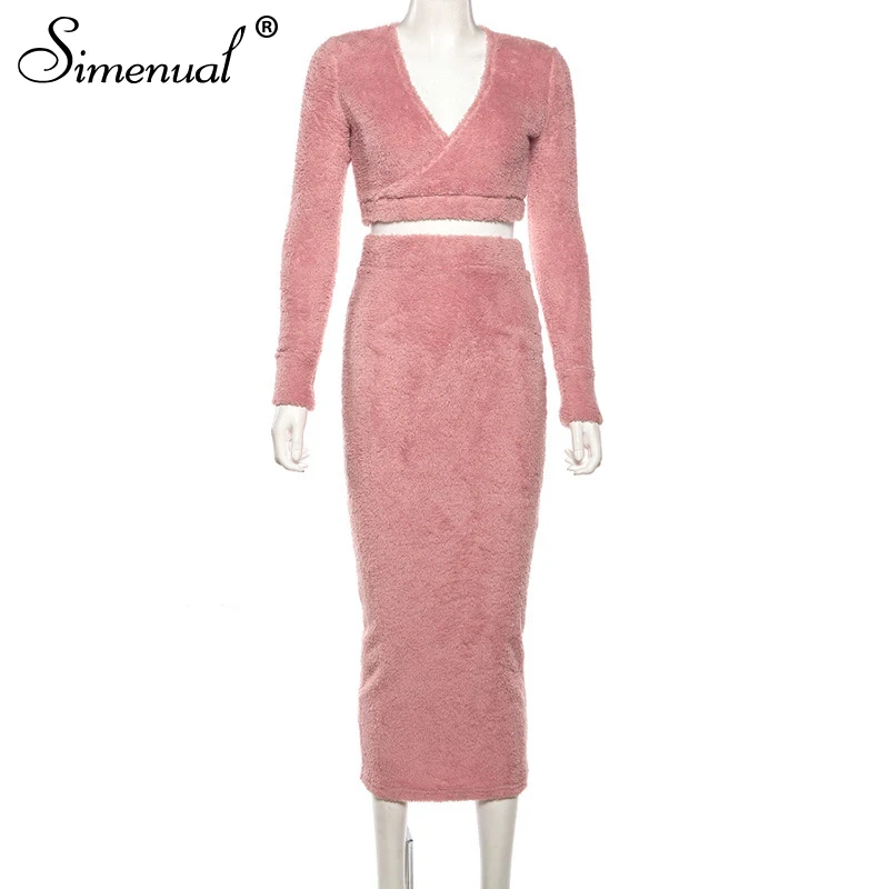 pink Simenual, уютный плюшевый мишка, лохматый комплект, женский, теплый, модный, однотонный, бодикон, два предмета, наряды, длинный рукав, топ и юбка, набор, Новинка - Цвет: pink