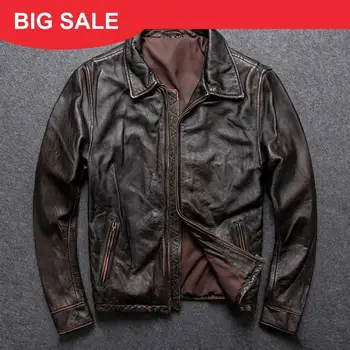 

2020 Vintage Brown Men Casual Leather Jacket Plus Size XXXL Genuine Cowhide Autumn Russian Slim Fit Natural Leather Coat