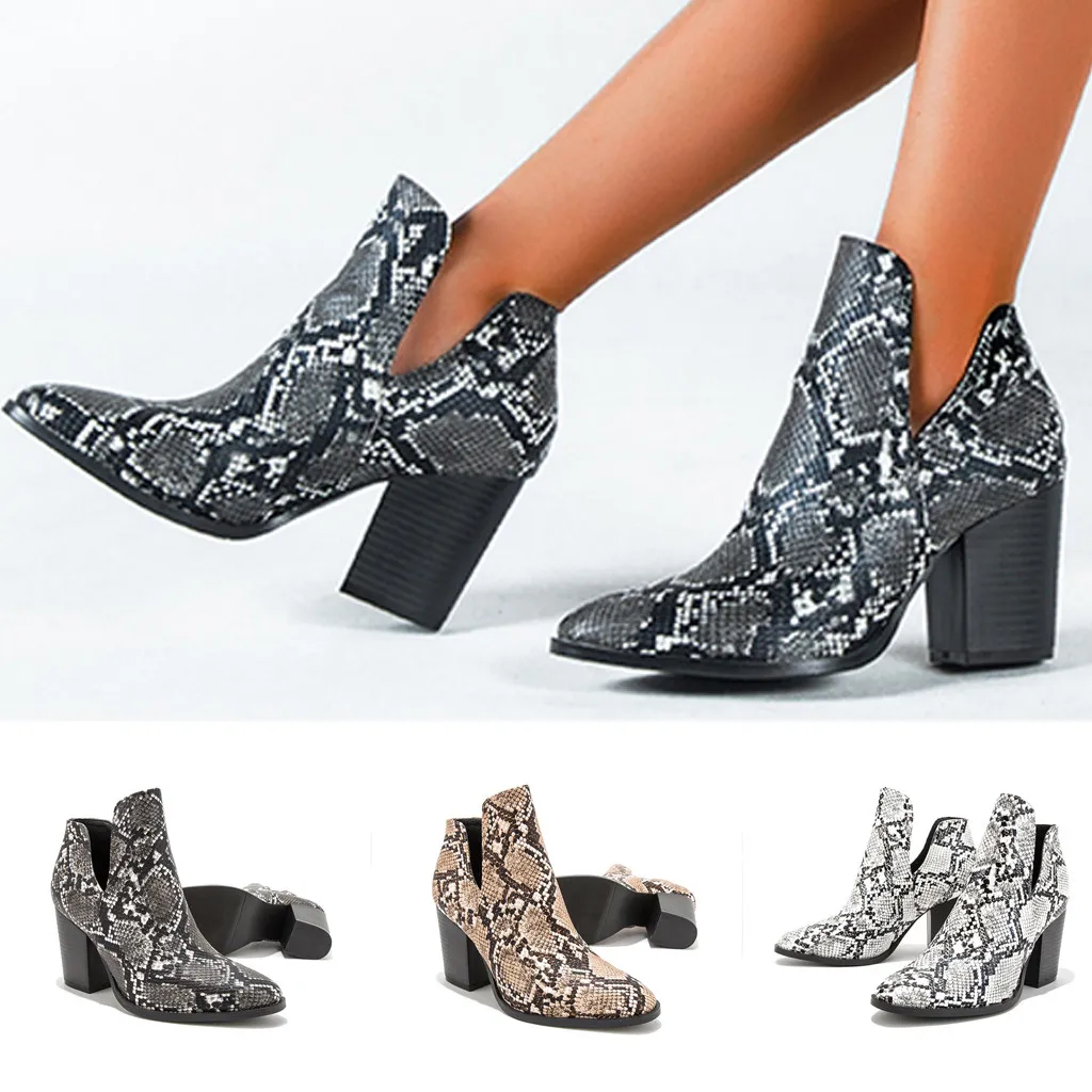 Женские ботинки; модные женские ботинки с острым носком на высоком каблуке; ботинки со змеиным узором; большие размеры; Женская Повседневная Теплая обувь; M840