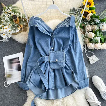 

2020 Vintage Sashes Slim Waist Jeans Coat Spring Autumn Women Denim Jacket Korean Buttons Backless Long Outerwear