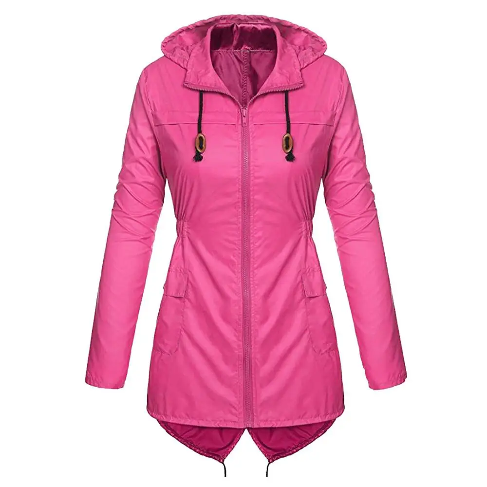 Plus Size Women's Lightweight Hooded Raincoat Waterproof Active Outdoor Rain Jackets Casual Solid Color Cycling Coat For - Цвет: Hot pink