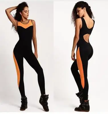 Сексуальный спортивный костюм для фитнеса, женский спортивный костюм, комплект для йоги с открытой спиной, комплект для бега и тренировок, спортивная одежда, леггинсы, Обтягивающие Комбинезоны, одежда - Цвет: Orange  black
