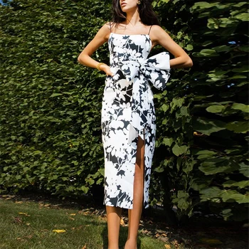 

Gedivoen Fashion Runway Summer Dress Women Spaghetti Strap Patchwork Bow Print Split Pencil Dress Elegant Party Midi Dresses