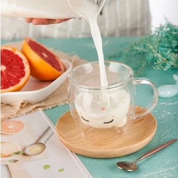 

Cute Cartoon Pig Double Wall Glass Heat Insulation Kids Children Breakfast Oatmeal Milk Cup Anti-scald Cafe Coffee Mug Wholesale