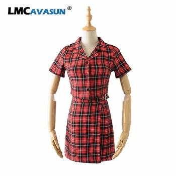 

LMCAVASUN 2020 Fashion two piece set Streetwear Tartan Red Crop top and mini skirt Punk women suit Sexy tracksuit women