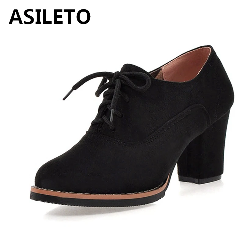 

ASILETO 2021 Ladies Retro Pumps Classics Flock Lace Up Wedding Round Toe 7.5CM Block Heel Shoes Size32-43 Black Blue Red A4468