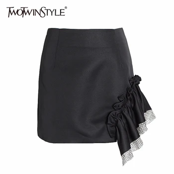 

TWOTWINSTYLE Sexy Asymmetrical Women Skirt High Waist Patchwork Ruffles Hit Color Irregular Patchwork Diamond Skirts For Female
