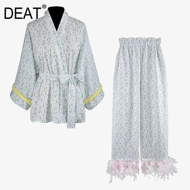 

[DEAT] 2019 New Spring Summer V-Neck Long Sleeve Feather Bandage Loose Wide Leg Pants Two Piece Suit Women Fashion Tide JX88