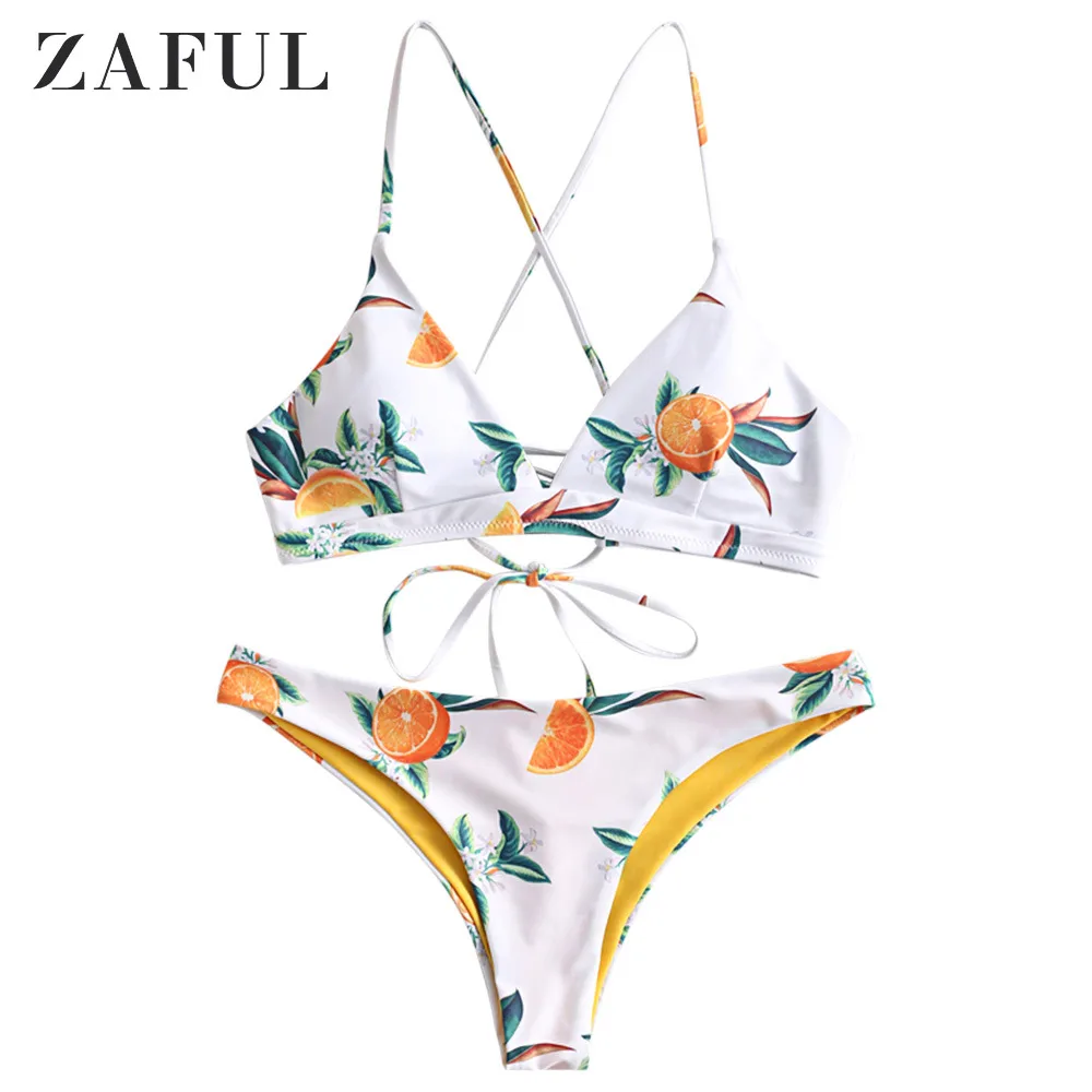 White ZAFUL Оранжевый принт на шнуровке Crisscross Бикини Комплект Тонкий-бретели Эластичный купальник с низкой талией Купальный костюм для женщин Бикини - Цвет: White