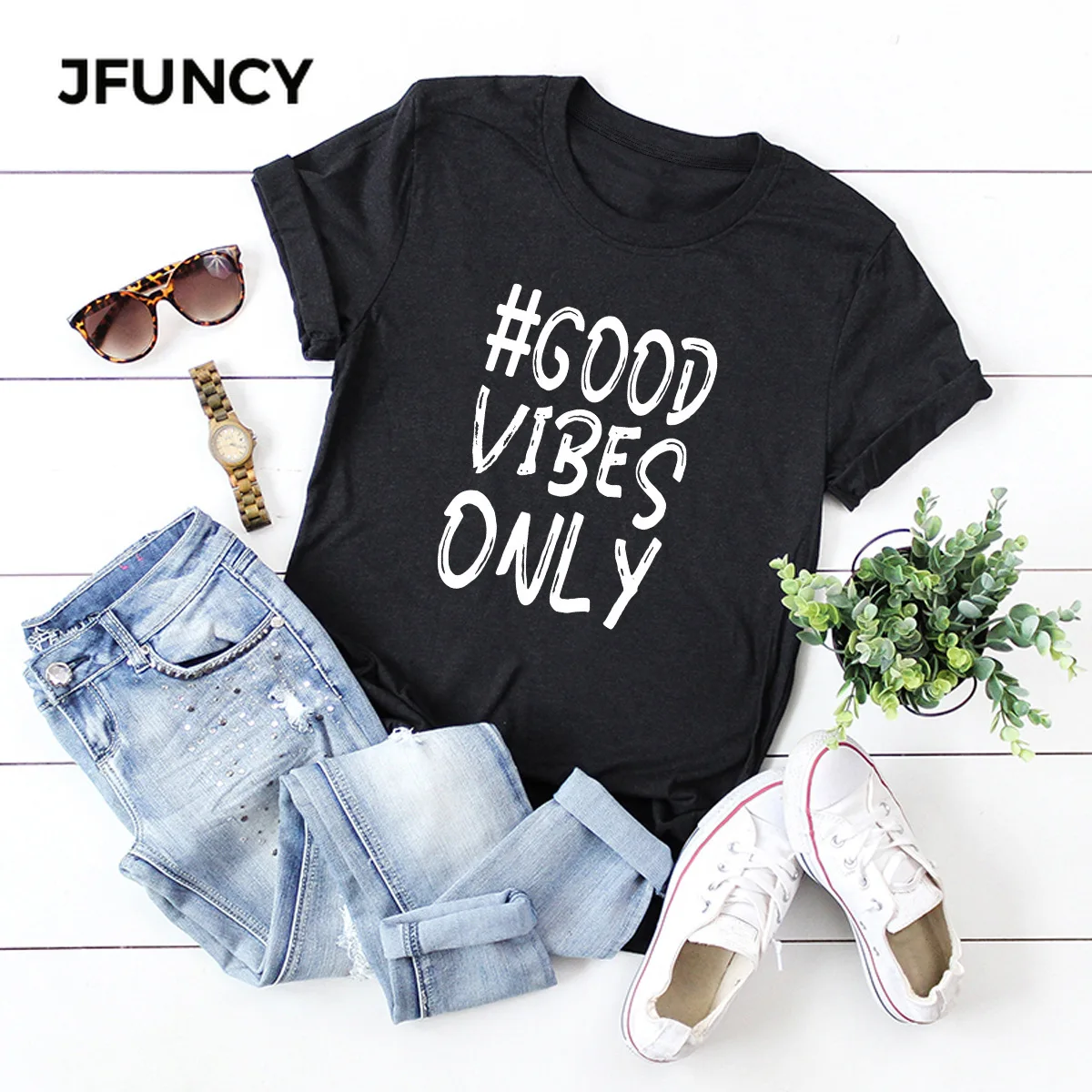 Женская футболка из 100% хлопка JFUNCY летняя большого размера 5XL с надписью GOOD VIBES ONLY