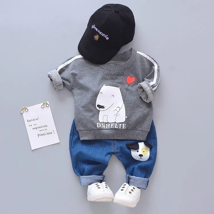 BOBO gou Grey Одежда для маленьких девочек весенне-осенняя одежда для маленьких мальчиков детская футболка с рисунком собаки, джинсы комплект из 2 предметов, рождественские наряды для малышей 11,11 г. Для малышей - Цвет: BOBO gou Grey