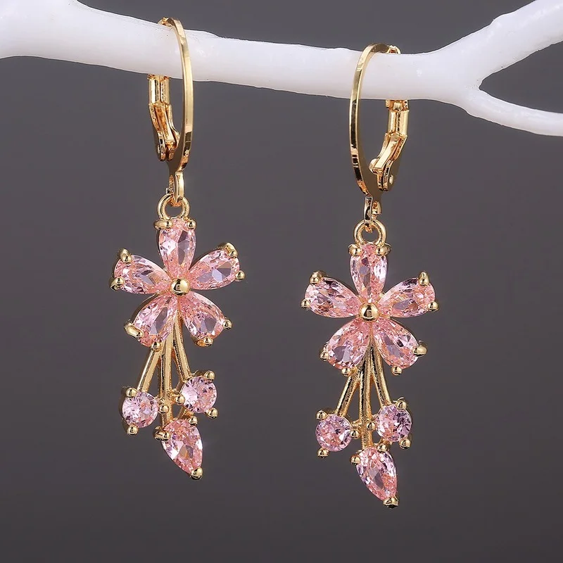 CAOSHI Luxury Gold Color Flower Shape Women Drop Earrings Inlaid Shiny Cubic Zirconia
