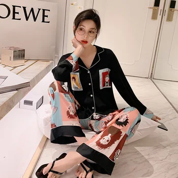 

Satin Pajamas Set Sleepwear Women Casual Shirt&Pants Nightwear Print Pyjamas Kimono Bathrobe Gown Black 2PCS Sleep Set Homewear