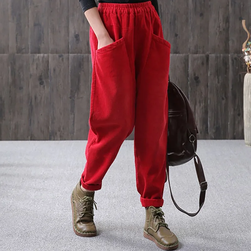 

Pants For Women Autumn Comfy Harem Waist Elastic Corduroy Solid Color Loose Straight Casual Ankle-Length Pants