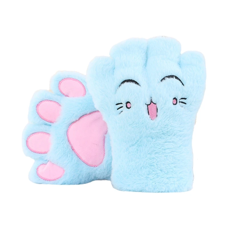 85LB Women Lolita Anime Cartoon Cat Paw Embroidery Half Finger Gloves Winter Warm Plush Stuffed Cosplay Fingerless Mittens