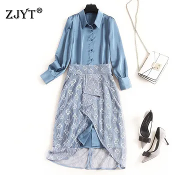 

2020 New Women Fashion Spring Dress 2piece Set Female Clothes Long Sleeve Turn Down Collar Solid Shirt Lace Dress