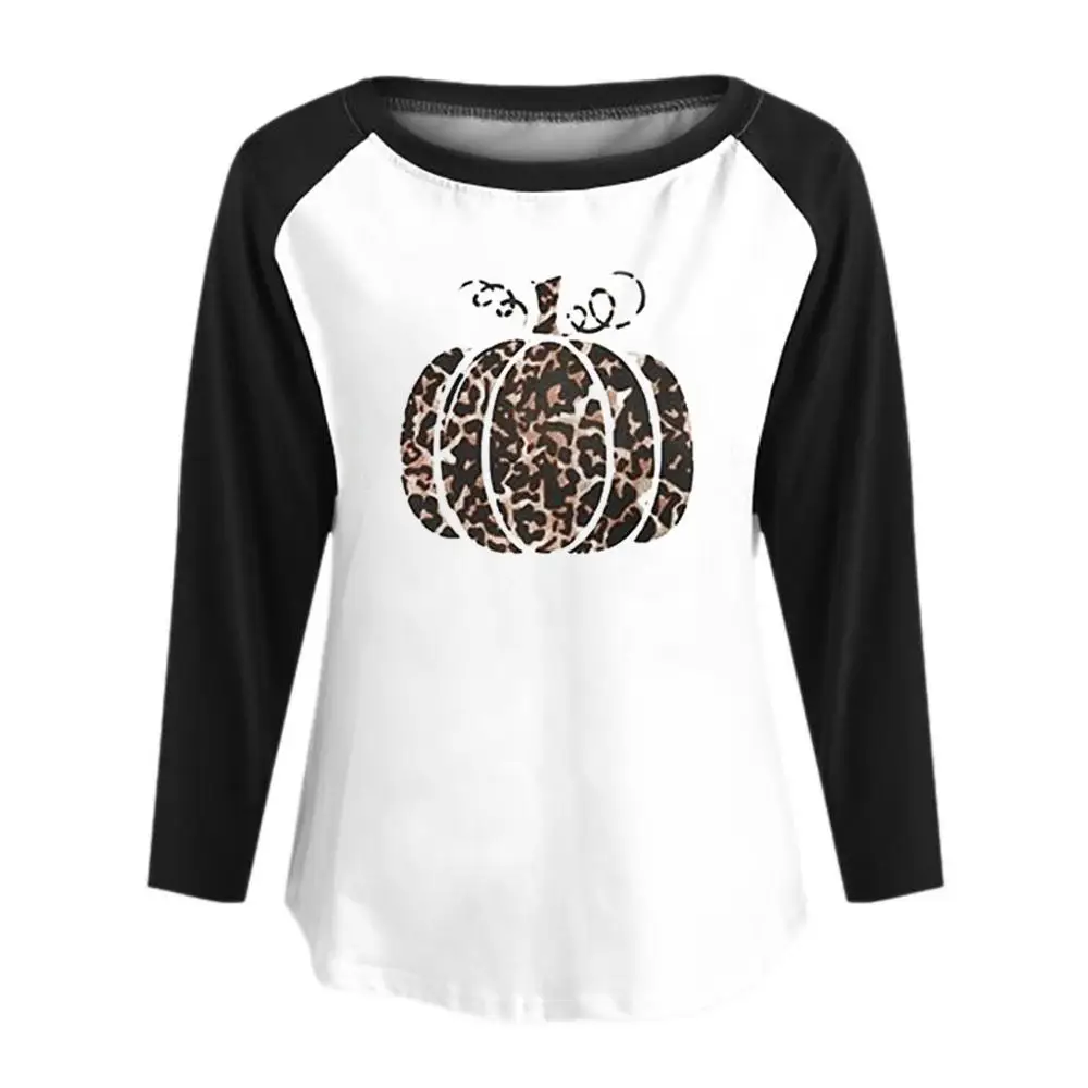 

Women Casual Halloween Leopard Pumpkin Print 3/4 Sleeve O-Neck Raglan Baseball Loose T-Shirt Graphic Tee Tops #5S25