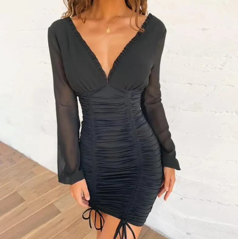 

Autumn new vintage mesh patchwork V-neck skinny dress