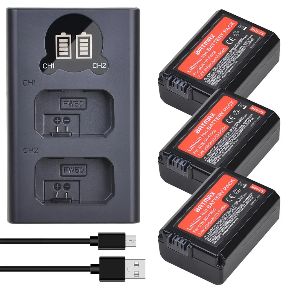 2 Pz 2160Mah Np-Fw50 Np Fw50 Npfw50 Batteria Akku + Lcd Doppio Caricatore Per Sony Alpha A6500 A6300 A7 7R A7R A7R Ii A7Ii Nex-3 Nex-5