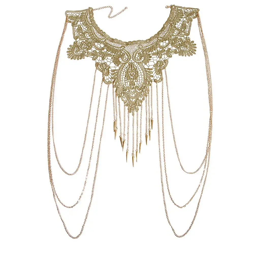 Sexy Lace Necklace Boho Tassel Body Chain Sequins Metal Beach Bikini Sexy Top Cage Neck Harness Plus Size Women Jewelry Fashion