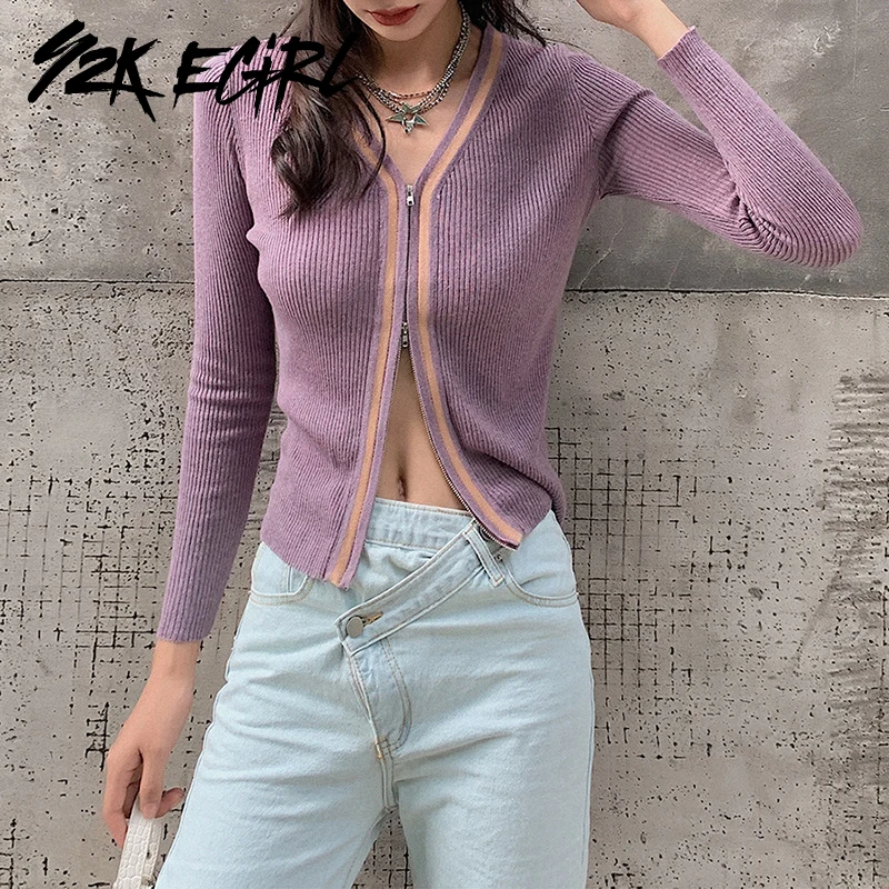 

Y2K EGIRL Vintage Striped Zipper Front Knitted Cardigans 90s Fashion Slim Ribbed Long Sleeve Sweater Streetwear Sweet Top Autumn