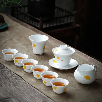 

LUWU handpainted ceramic teapot gaiwan teacups gingko a tea sets