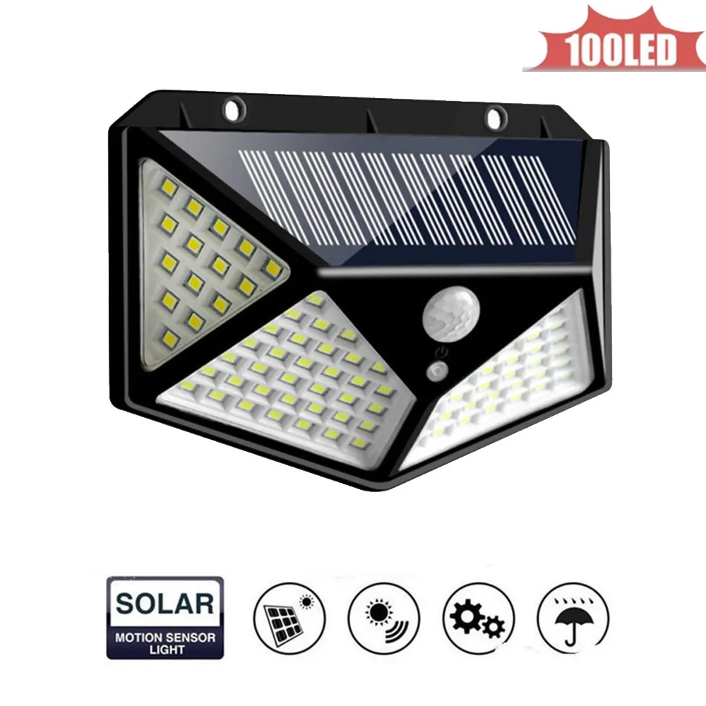 

100 LED Solar Wall Lamp Radar Wave Induction Lighting With 3 Working Modes Remote Control IP65 Waterproof Street Light 4 sided 2