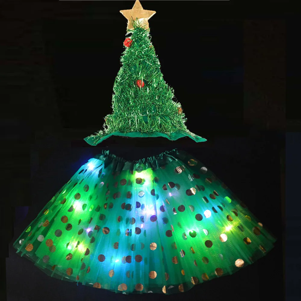 4-12 Years Girls Kids LED Polka Dot Tutu Skirt Light Christmas Tree Hat Xmas Gift Elf Costume Cosplay Fairy Stick Fancy Dress |