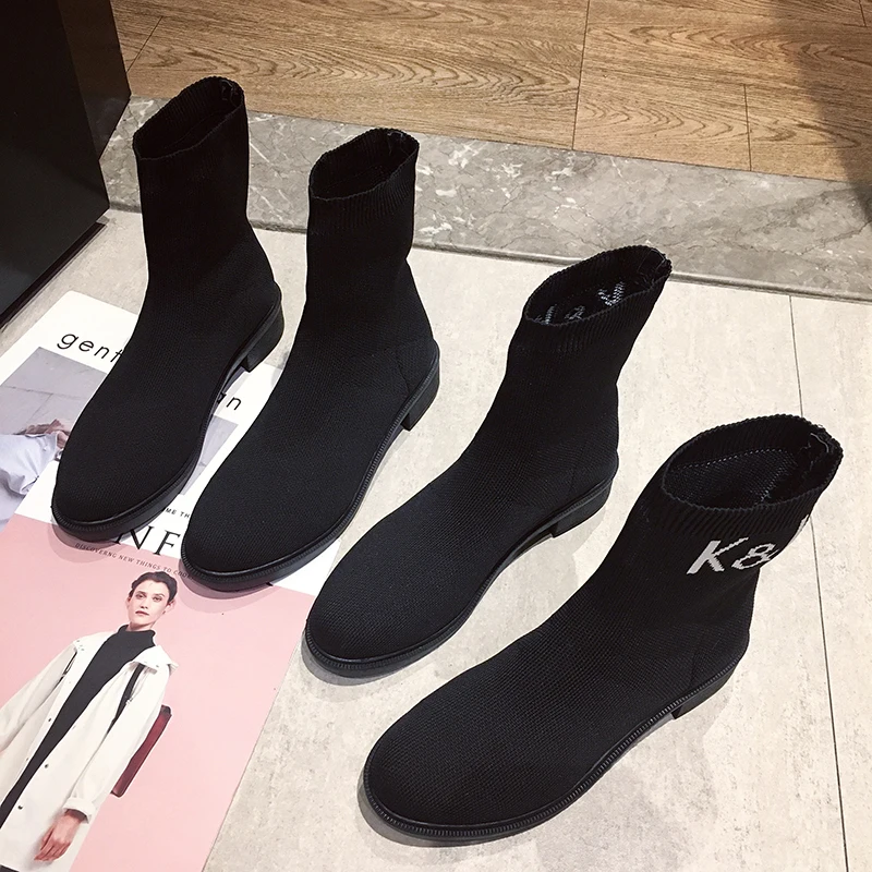 Knitted short stretch fabric socks boots low heels letter black ankle martin booties round toe slip on winter snow bottes femme