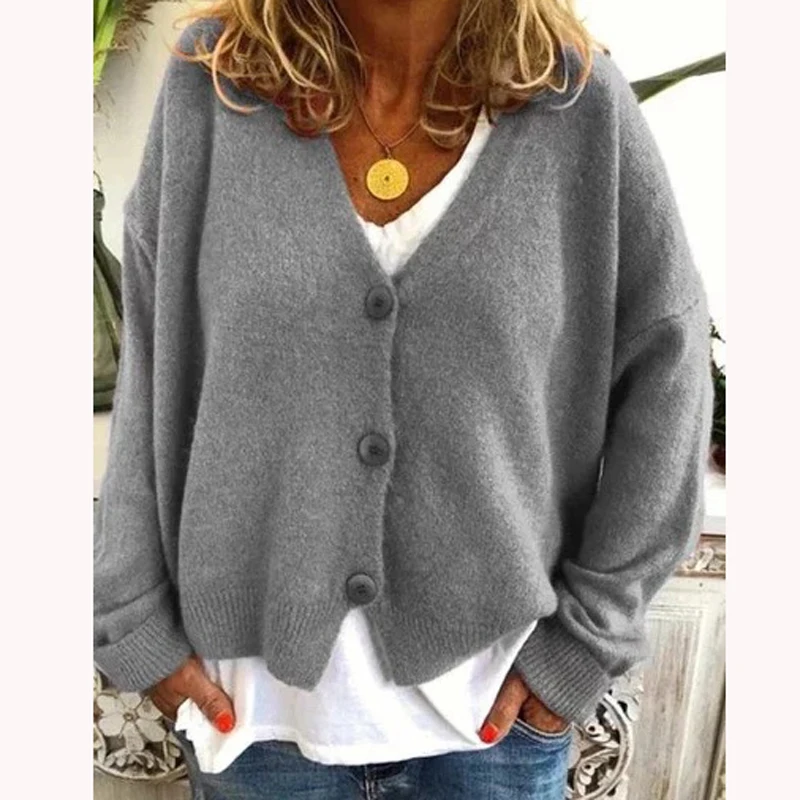 3XL зимниеv-образным вырезом Кардиган на пуговицах, свитер Для женщин осень длинный рукав свободный вязаный свитер пикантные элегантные размера плюс с открытым швом; топы - Цвет: Gray