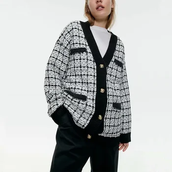 

Autumn and winter women's sweater casual plaid pocket decorative loose cardigan sweater