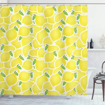 

Yellow Shower Curtain, Illustration of Bunch of Lemon Citrus Images and Forms Nature Artprint for Living, Cloth Fabric Bathroom