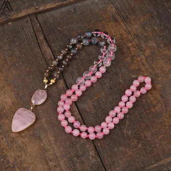 

Natural Pink Quartz Heart-Shape Pendant 8mm Labradorite Crystal Stone Beads Handmade Knot Necklace Long 32 Inch N0479AMCD