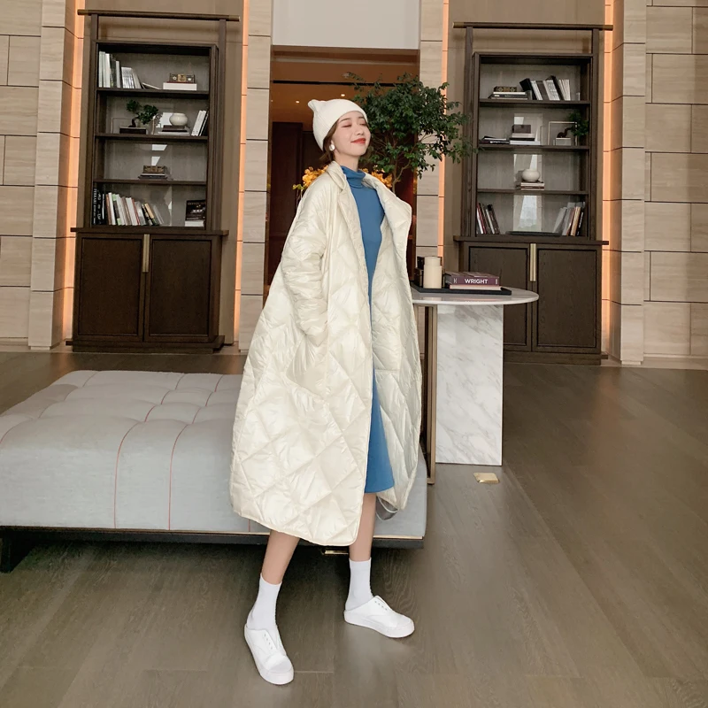 

Long straight winter coat with rhombus pattern Casual sashes women parkas Deep pockets tailored collar stylish outerwear