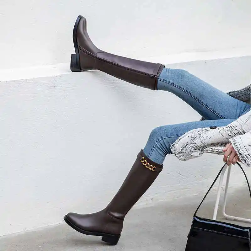 Brand riding boots women's motorcycle boots genuine leather metal chains med-heels gorgeous knee high boots women knight boots
