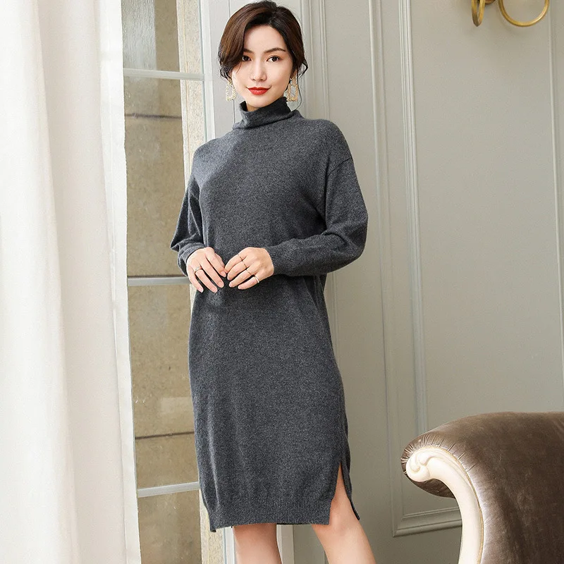 

Autumn And Winter New Style Women Cashmere Sweater Mid-length Woollen Sweater Slit-Loose-Fit Pullover Sweater Knitted Sweater Dr