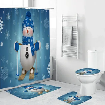 

Waterproof Bath Curtain Bathroom Four-Piece Christmas 3D Digital Printing Bathroom Four-Piece Multicolor Snowman Skiing Pattern