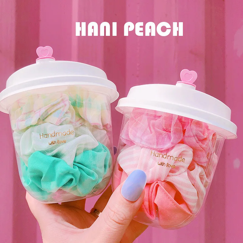 

5 boxes / 15 pieces Honey peach milk cup new sweet and versatile check stripe fabric large intestine hairband hair rope