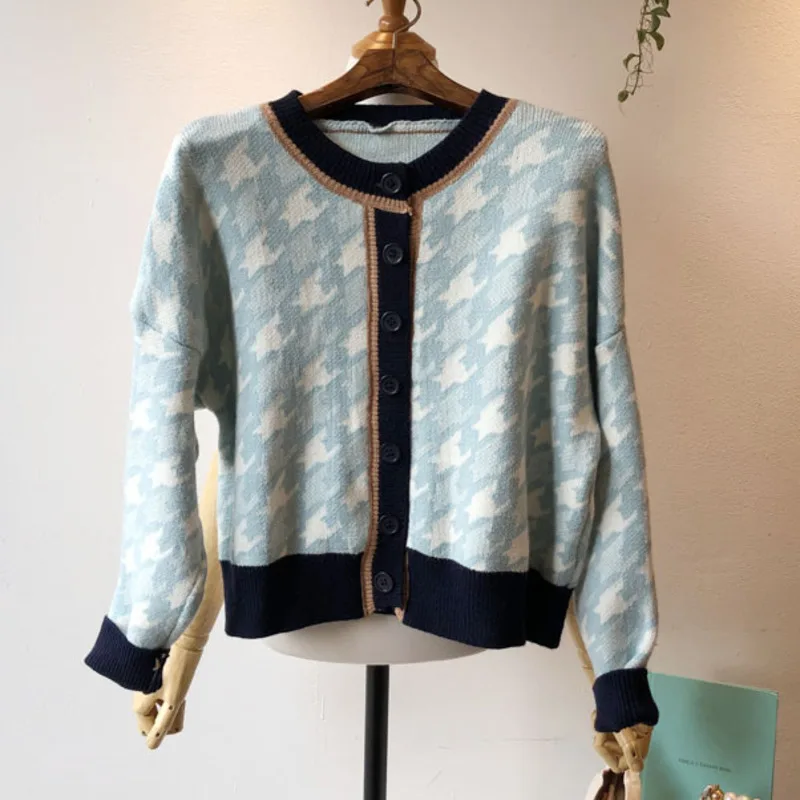 

Korean Ins Knitted Cardigan Sweater Autumn Houndstooth Knitwear Pull Top Vintage British Style Elegant Cardigan Women Sweater