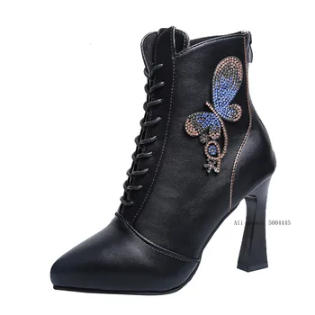 

2020 Leather Footwear Women's New Ankle Boots Ladies Crystal Shoes Pointed Toe Square High Heels Keep Warm Height Increasing