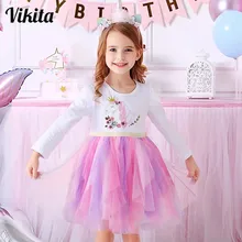 VIKITA Girl Autumn Dress Children Princess Costumes Birthday Party Unicorn Print Tulle Dresses Kids Irregular Dress 3 to 8 Yrs