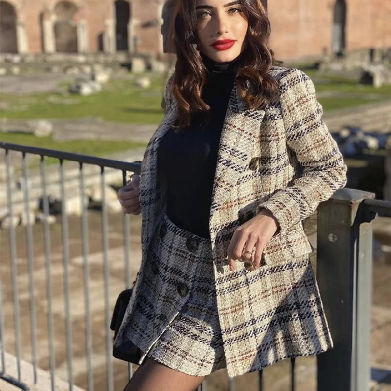 FREE SHIPPING Elegant Casual Blazer Suit Beige Plaid And Tweed Short Skirt JKP5942