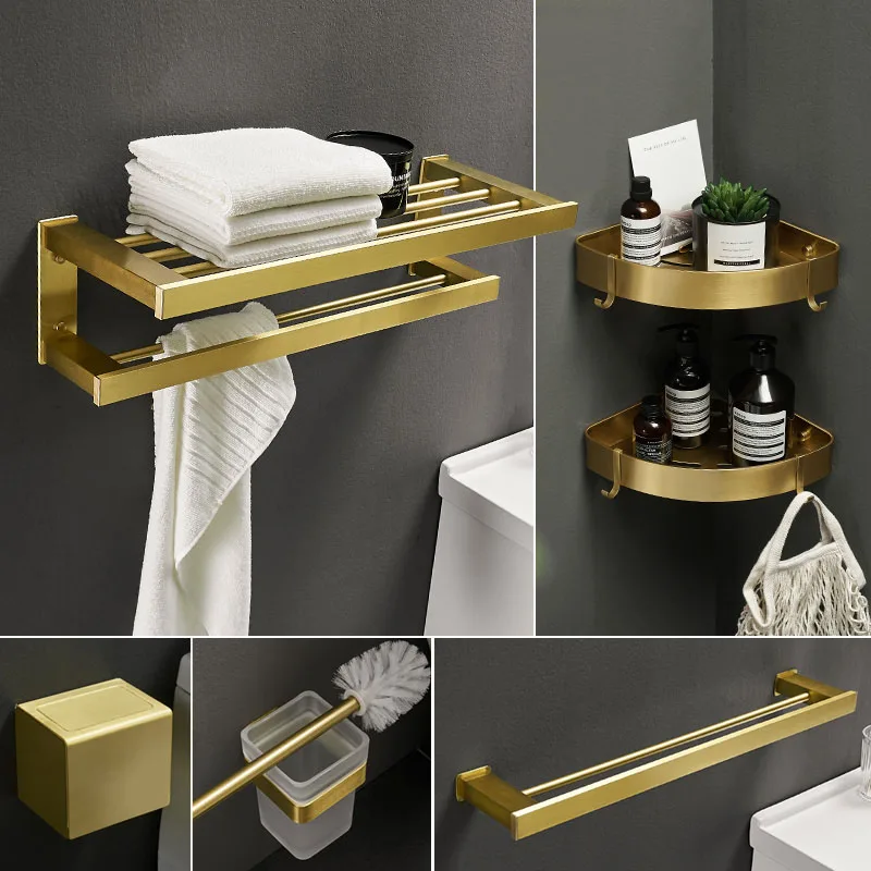 

Матовый золотой набор для ванной комнаты, стойка для полотенец, угловая полка, крючки для халата, держатель для туалетных щеток, алюминиевая фурнитура для ванной комнаты