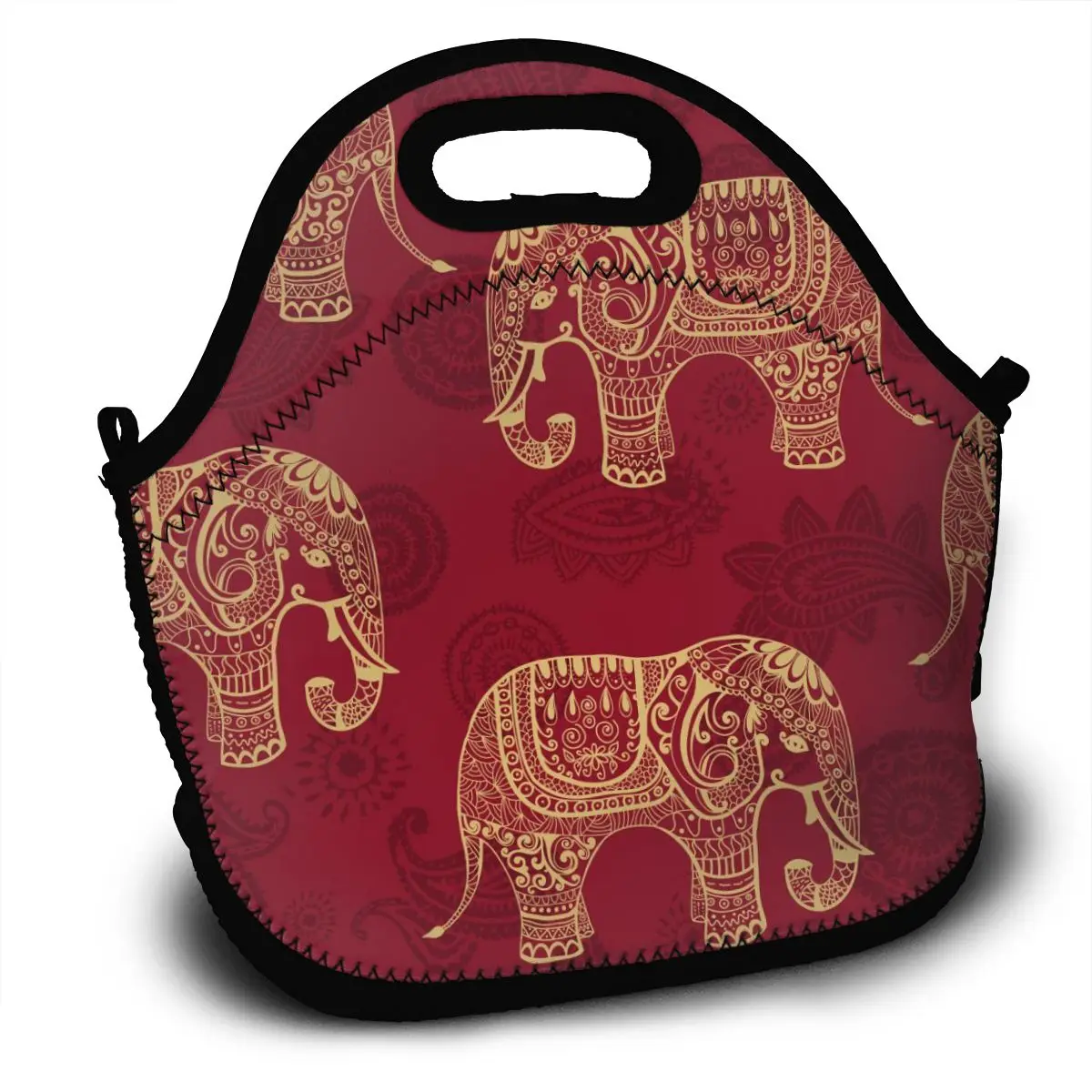 Portable Insulated Thermal Bento Lunch Box Indian Elephants Red Pattern
