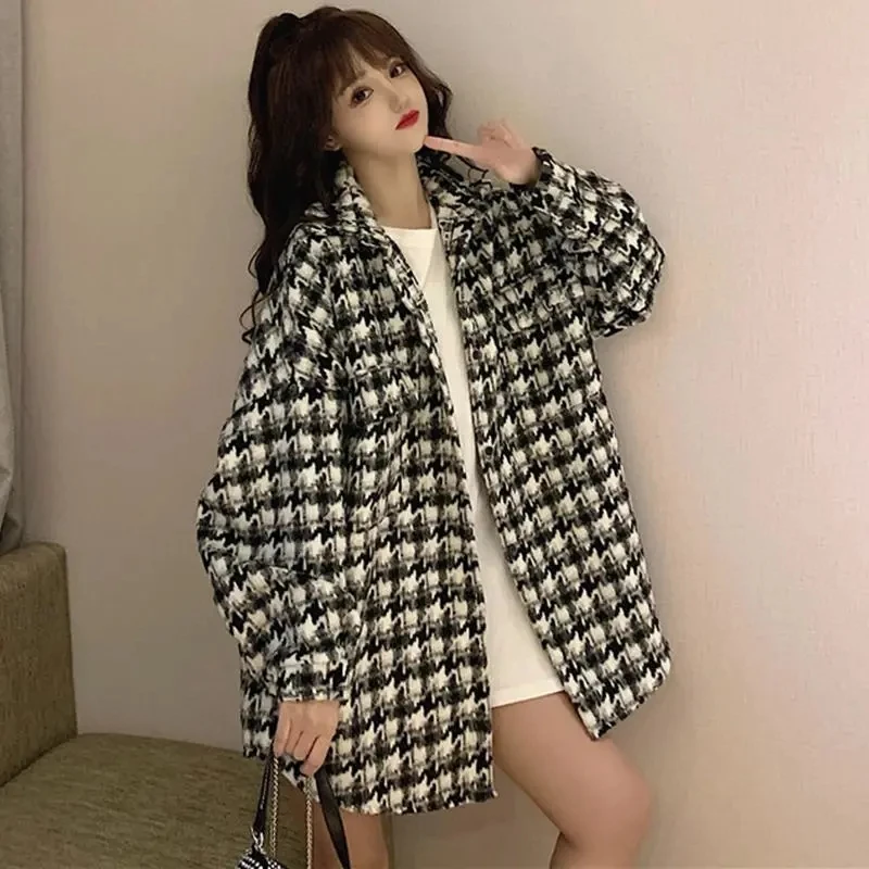 Korean Casual Thick Warm Women Jacket Winter Pocket Turn Down Collar Loose Long Sleeve outwear Coat