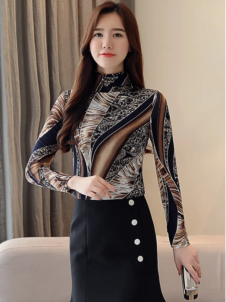 2019 New Winter Turtleneck Blouse Women Vintage Print Tops Female Casual Plus Size Shirt Femme Elegant Long Sleeve Blusas Mujer  (10)